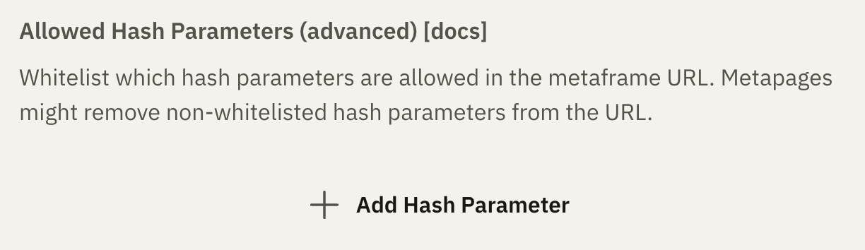 The Allowed Hash Parameters section under Settings → Runtime in the framejs editor, with its "Add Hash Parameter" button